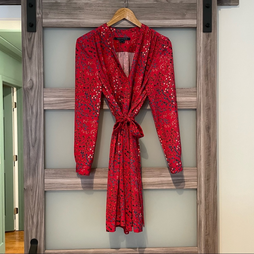 red fruit/floral pattern tie belt long sleeve French Connection dress